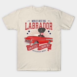 classic truck with red white and blue Black Labrador Retriever in Red Truck T-Shirt